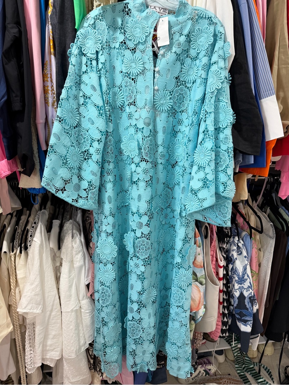 La Vie Style House Aqua Floral Lace Maxi Dress